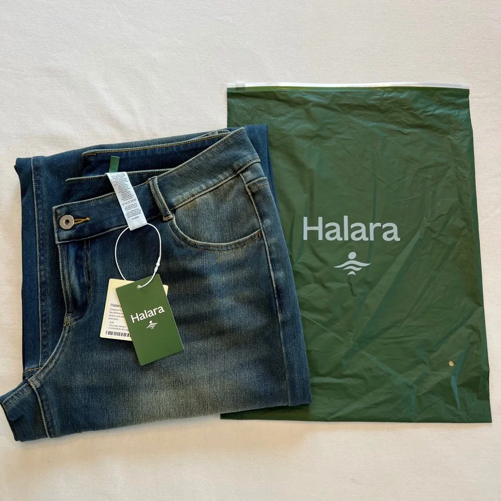 Halara Flex Denim Blue Wide Leg Stretch Asymmetrical Waist Jeans NWT Size MP - Picture 9 of 9